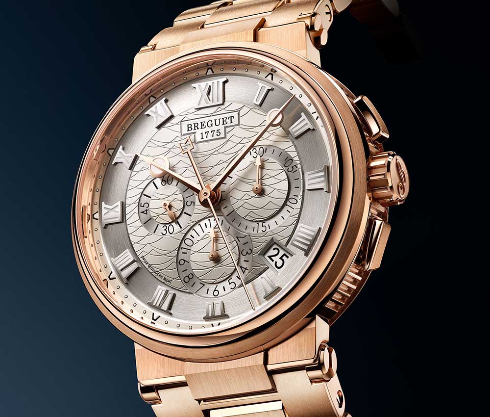 Breguet Marine chronograph with a silver dial, Roman numerals and a rose-tone bracelet