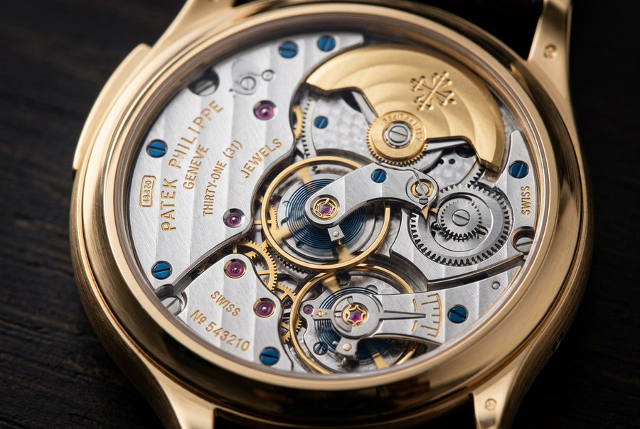 Illustration of a mechanical watch movement visible through a transparent caseback
