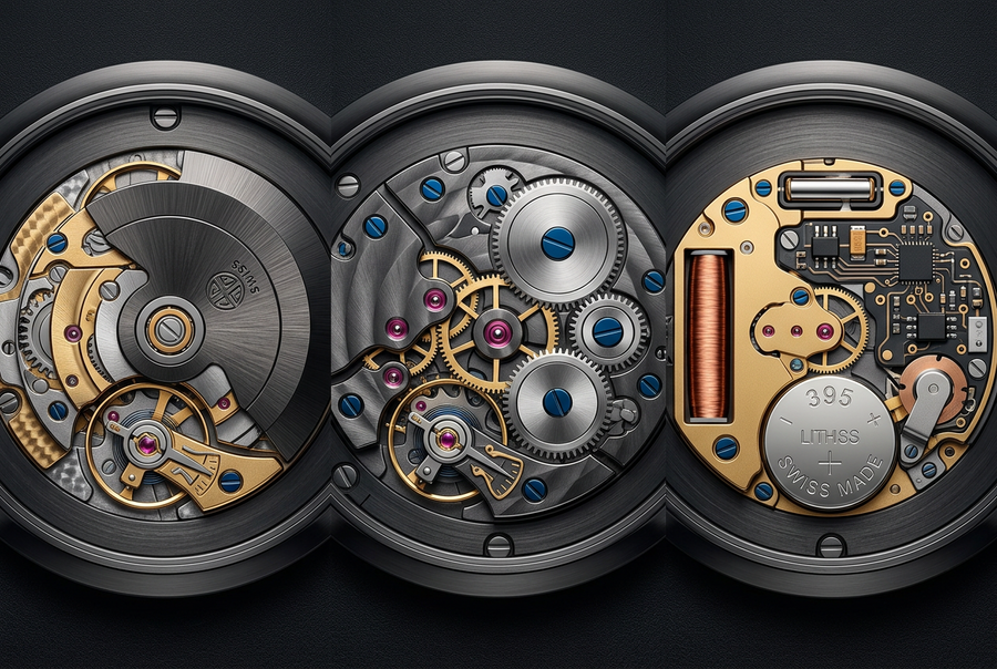 Side-by-side illustration of automatic, manual-wind and quartz watch movements